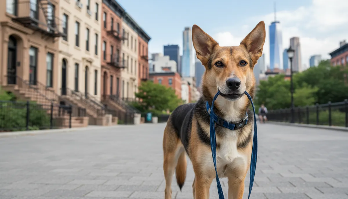 photorealistic medium-sized mixed-breed dog with alert ears, soft eyes, relaxed posture standing on a paved path in a Brooklyn urban park, skyline and brownstones in the background, subtle accents in blue #0576F7 on collar and leash, clean professional composition