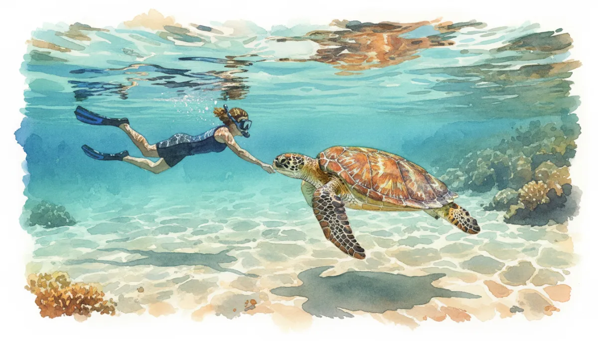 Snorkelaar zwemt op respectvolle afstand naast een zeeschildpad bij Playa Piskado
