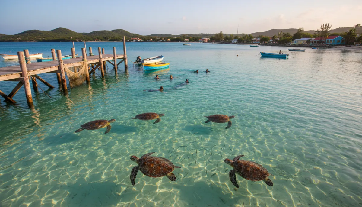 Create a high-resolution, photorealistic panoramic scene of Playa Piskado in Curaçao, capturing a tranquil bay with crystal-clear turquoise water. Include several small fishing boats moored near a rustic pier, and swimmers enjoying the sea. Prominently feature multiple sea turtles gliding gracefully just below the water's surface, their shells visible through the transparent water. Use soft, neutral colors and gentle, natural lighting to evoke a serene, inviting atmosphere. Ensure the image is wide and detailed, suitable for a professional travel blog header, emphasizing the unique experience of swimming with turtles at this idyllic Caribbean location.