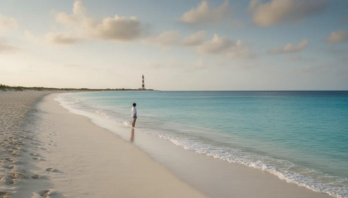 Vergroot dezelfde professionele, fotorealistische afbeelding van Klein Curaçao's lange witte zandstrand met turquoise water, een enkele persoon aan de kustlijn, vuurtoren in de verte, neutrale tinten en zacht natuurlijk licht. Zorg dat de foto meer ruimte vult, alsof hij uitvergroot is en de kijker het gevoel geeft zelf op het strand te staan.