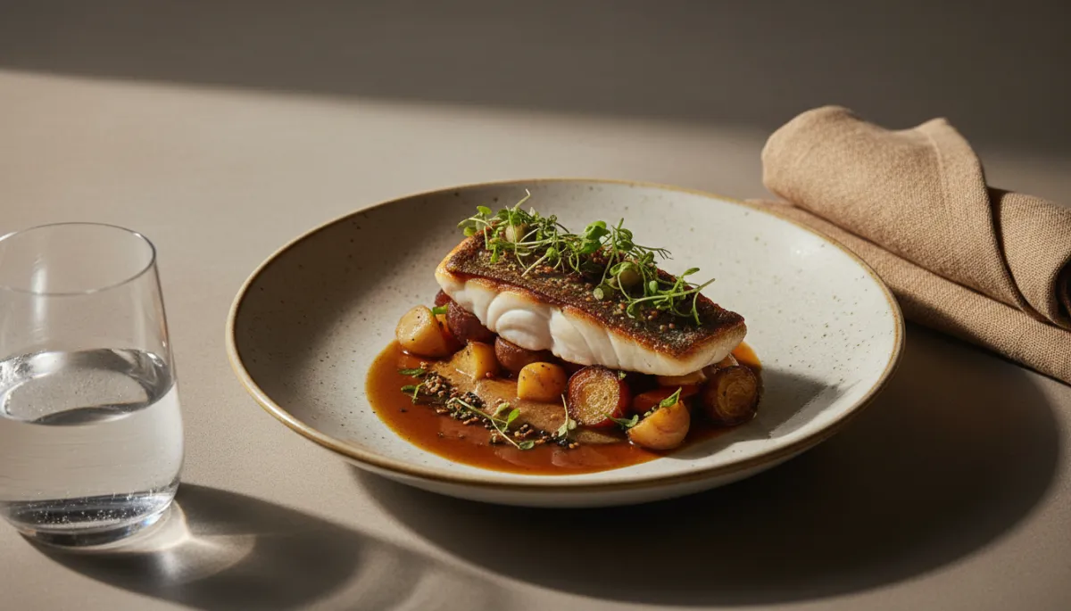 Professioneel opgemaakt enkel hoofdgerecht bij Restaurant Kome in neutrale tinten