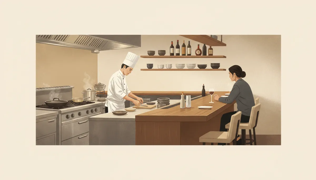 Rustige bar- of countersetting in Restaurant Kome, enkele gast geniet van een drankje terwijl de chef in de open keuken werkt, warme neutrale tinten en zacht avondlicht