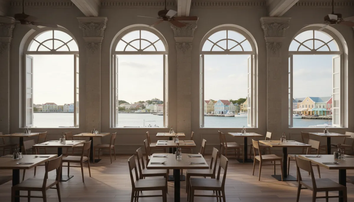 Interior of Grand Café Gouverneur De Rouville with colonial details and harbor view