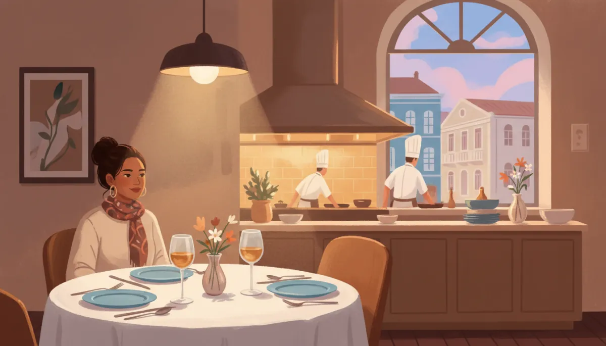 Knus avondtafereel bij Sal the Kitchen in Pietermaai, één gast die alleen dineert aan een stijlvol gedekte tafel, zachte warme verlichting, zicht op de open keuken en pastelgekleurde gevels buiten door het raam