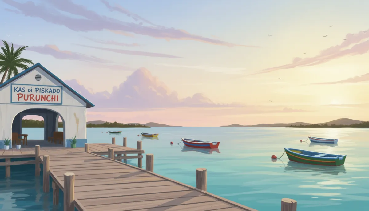 Rustige visserspier bij zonsopgang voor Kas di Piskado Purunchi, kleine kleurrijke bootjes dobberen op kalm turquoise water, zachte pastelkleuren in de lucht