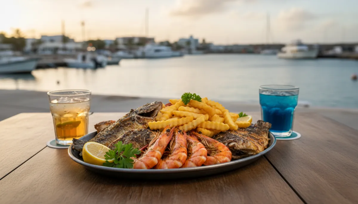 Seafood platter on a table at De Visserij with the harbor in the background