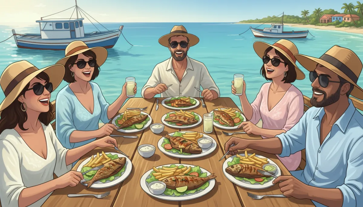 Zonnige namiddag bij De Visserij in Piscadera, houten tafels vol met gegrilde vis, friet en salade, mensen in strandkleding die lachen en eten, vissersboten en helderblauw water op de achtergrond