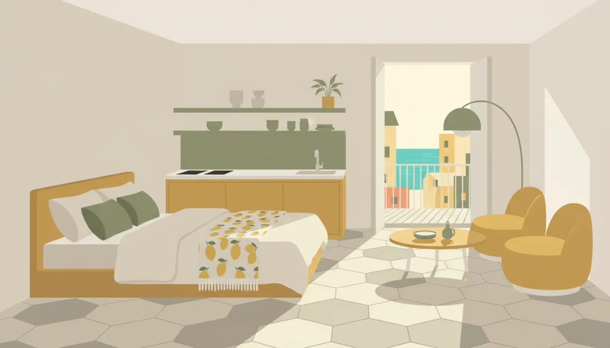 Neutral-toned studio apartment interior at The Lemon Tree in Pietermaai