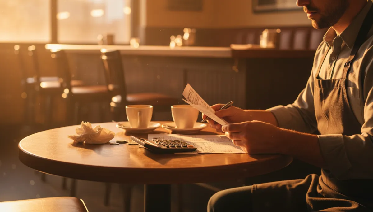 Tipped worker reviewing paycheck and tax documents at a table Tipped worker reviewing paycheck and tax documents at a table