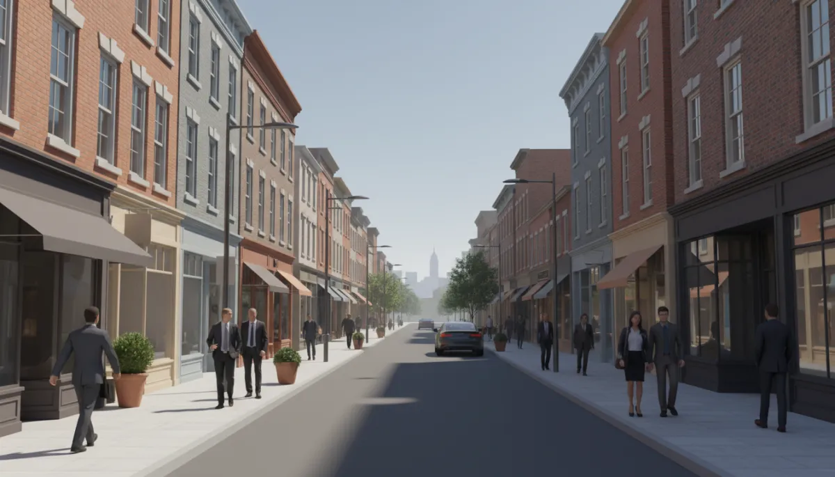 Main street in Moorestown NJ with shops and commuters passing through Main street in Moorestown NJ with shops and commuters passing through