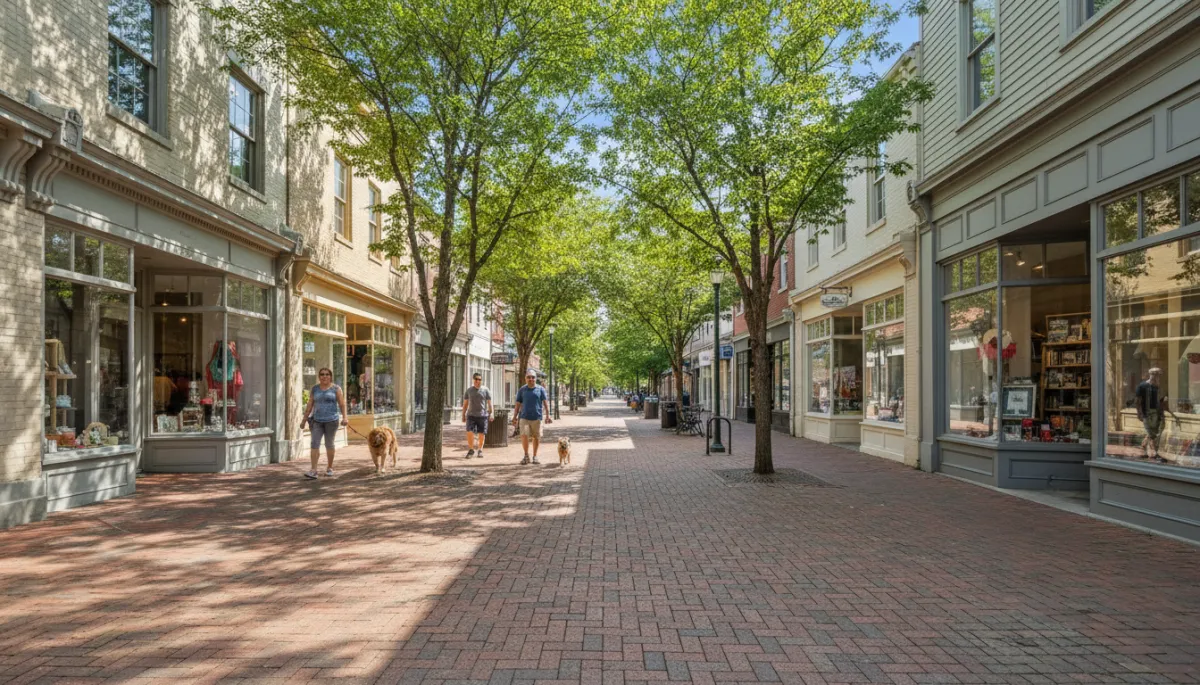 Tree-lined historic downtown street with brick sidewalks and storefronts