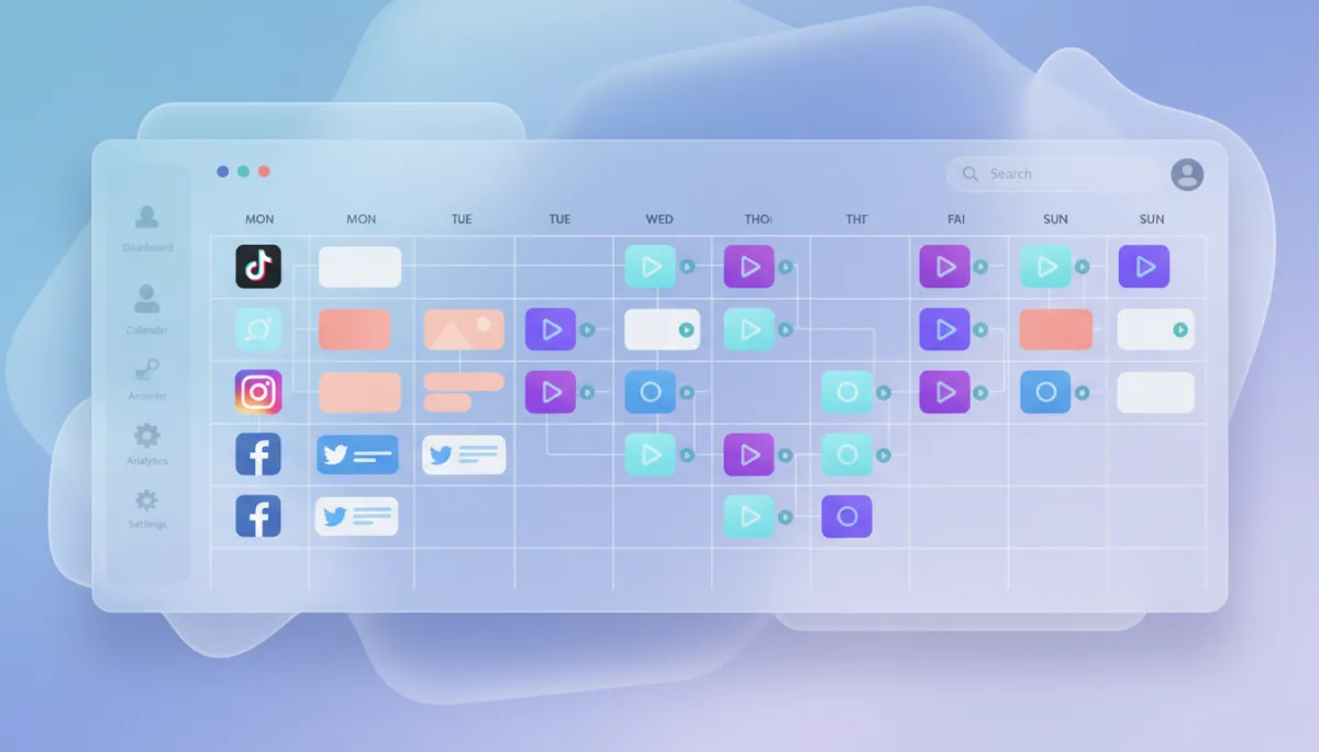 Panel de calendario de contenidos con publicaciones de TikTok y otras redes programadas Panel de calendario de contenidos con publicaciones de TikTok y otras redes programadas
