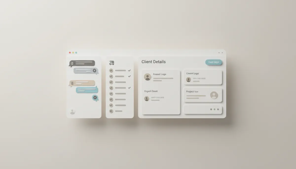 Vista de chat interno junto a tareas y datos de clientes en una plataforma profesional Vista de chat interno junto a tareas y datos de clientes en una plataforma profesional