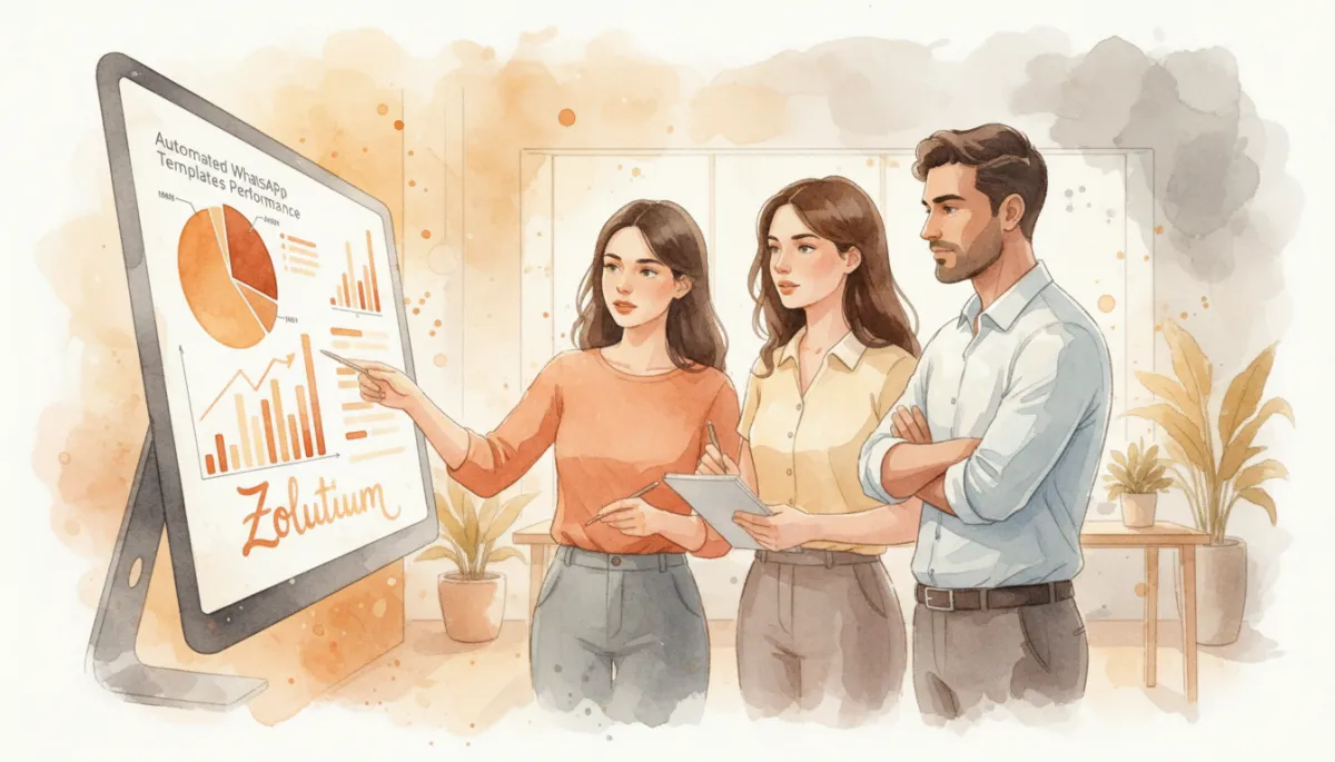 Equipo de marketing revisando el rendimiento de plantillas automatizadas de WhatsApp en Zolutium