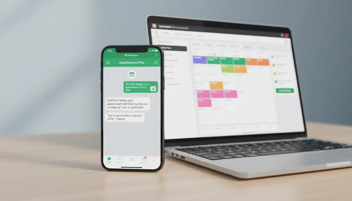 Teléfono mostrando recordatorio de cita por WhatsApp junto a un panel de reservas Teléfono mostrando recordatorio de cita por WhatsApp junto a un panel de reservas