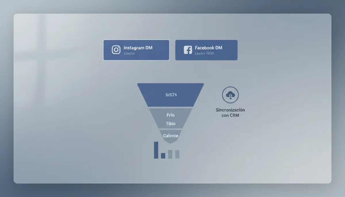 Dashboard profesional mostrando leads de Instagram y Facebook DM sincronizados con CRM Dashboard profesional mostrando leads de Instagram y Facebook DM sincronizados con CRM