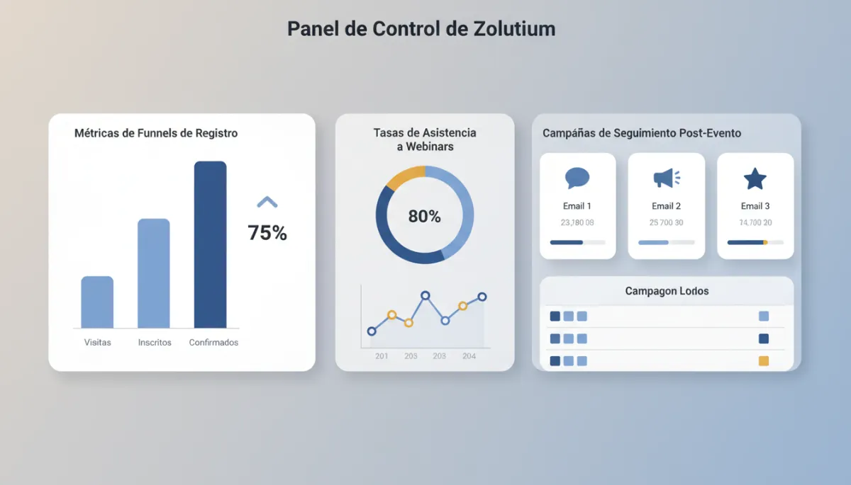 Panel de control con métricas de registro, asistencia y seguimiento de webinars Panel de control con métricas de registro, asistencia y seguimiento de webinars