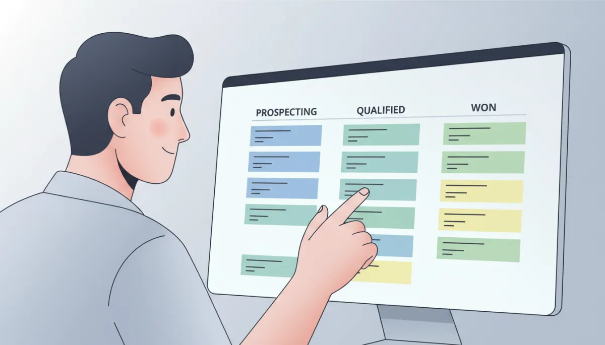 Gestor de ventas revisando un pipeline visual con diferentes etapas en Zolutium Gestor de ventas revisando un pipeline visual con diferentes etapas en Zolutium