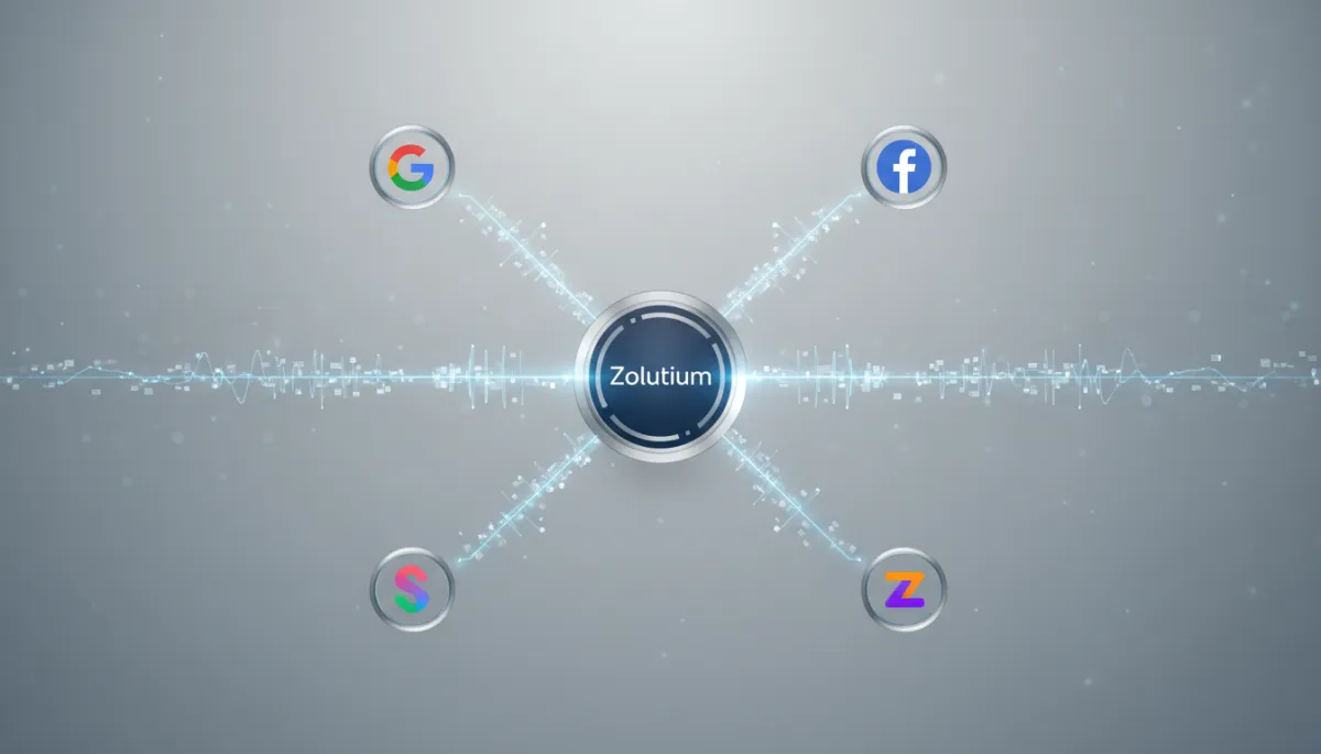 Esquema de integraciones de Zolutium con Google, Facebook, Stripe y Zapier
