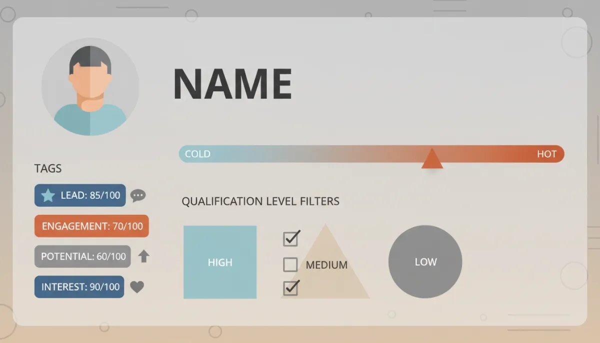 Perfil de cliente en CRM con etiquetas puntuadas y nivel de calificación visible