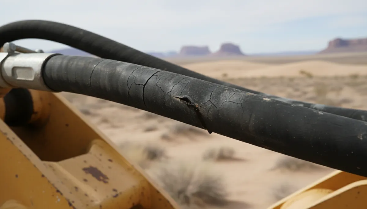 Worn hydraulic hose showing cracking and fluid leak on Phoenix equipment
