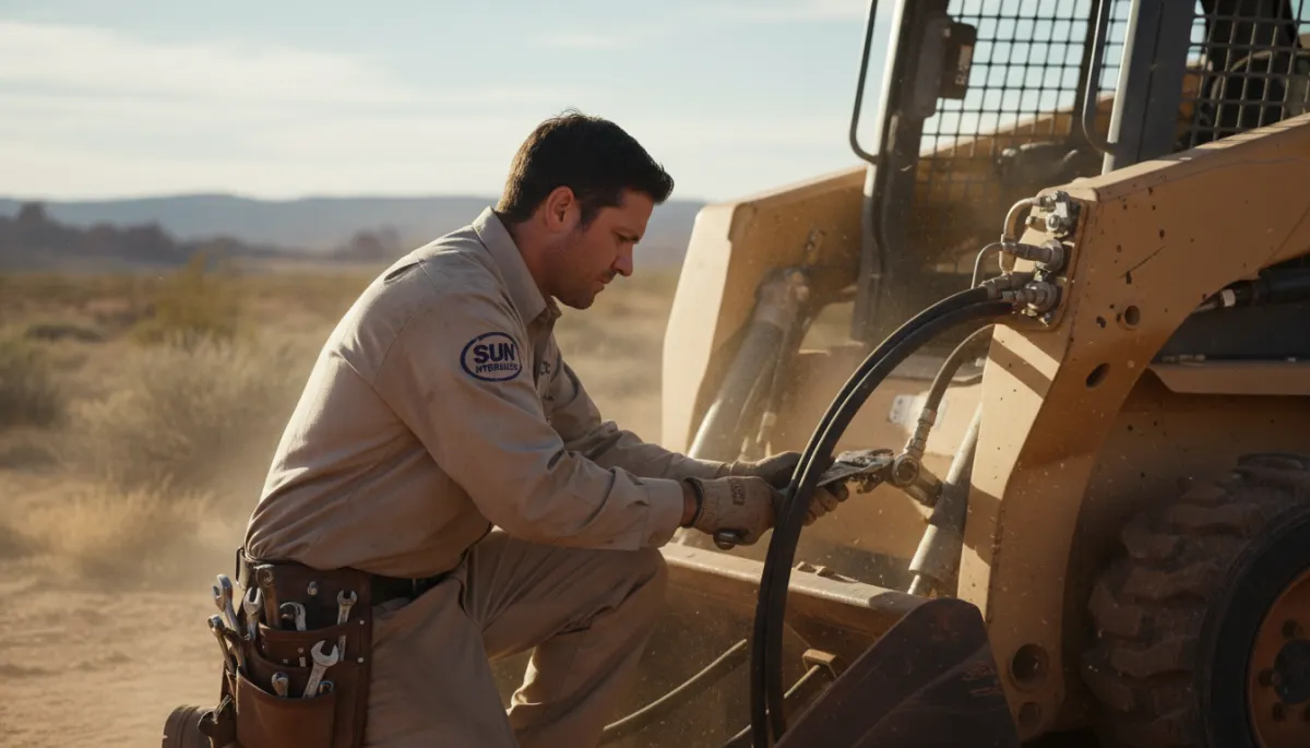 Technician replacing a hydraulic hose on equipment at a Phoenix jobsite