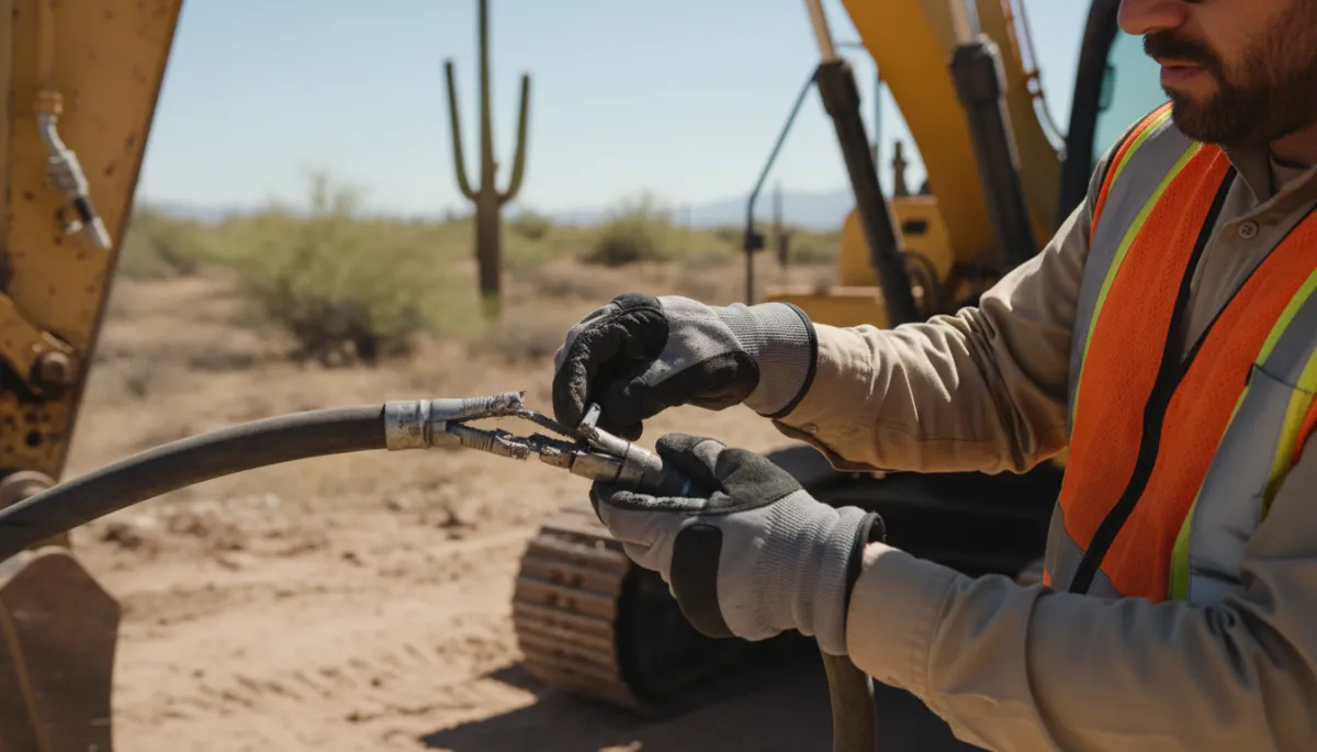 Construction worker inspecting damaged hydraulic hose on excavator in Phoenix