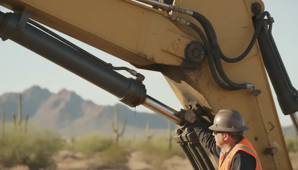 Technician inspecting leaking hydraulic fitting on excavator boom at Phoenix jobsite