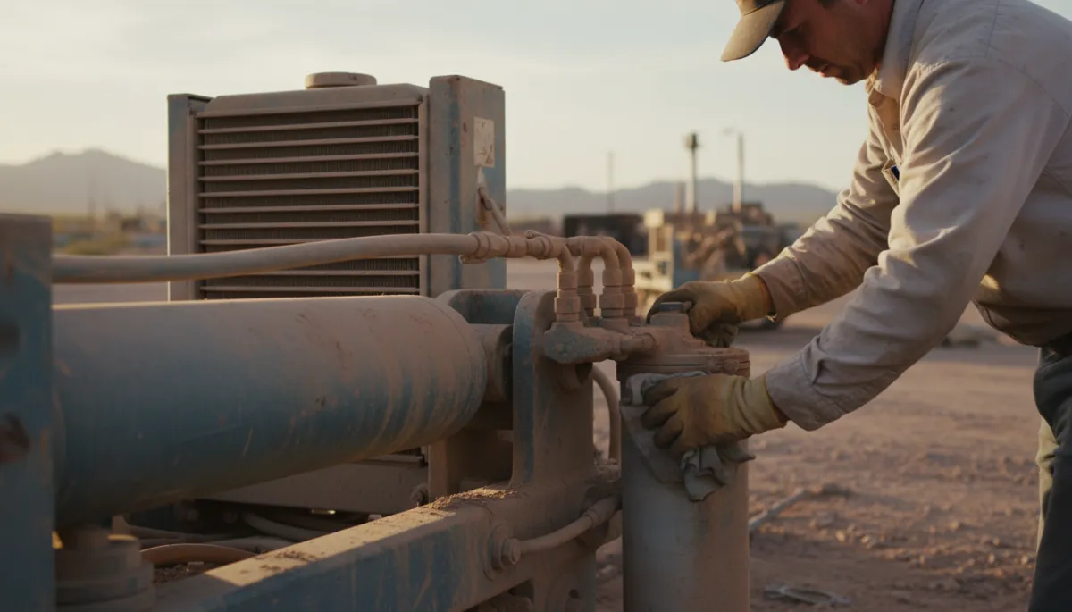 Technician cleaning hydraulic cylinder and cooler assembly in dusty conditions