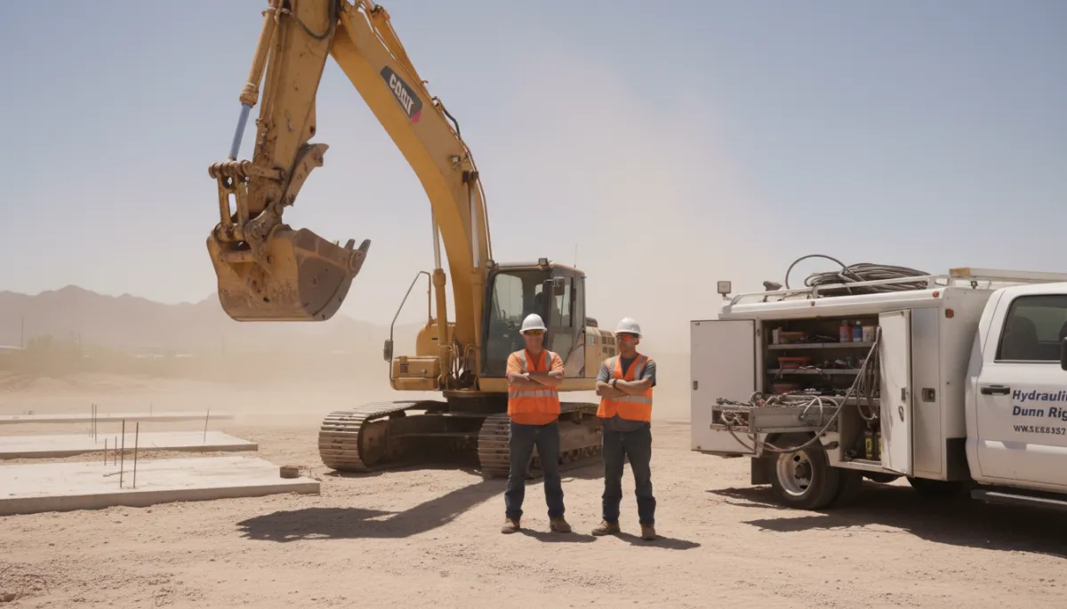 photorealistic scene of a construction site in Phoenix desert heat, mid-day sun, dust in the air, a large excavator sitting idle with boom raised, two workers in high-visibility vests and hard hats standing beside it looking frustrated, a service truck from Hydraulics Dunn Right parked nearby with tools open, neutral color palette