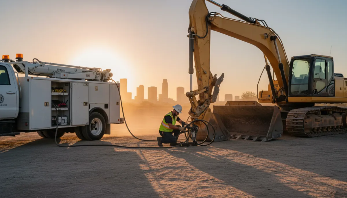 photorealistic wide shot of a mobile hydraulic repair truck parked beside construction equipment at a dusty Phoenix jobsite at sunrise, technician in safety gear working on hydraulic hose with city skyline faintly visible in background, neutral color palette with warm desert tones