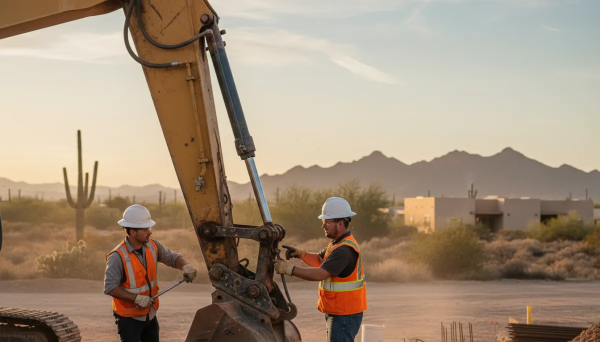 photorealistic neutral-toned scene of a construction jobsite in Phoenix with an excavator and exposed hydraulic cylinders, two technicians in safety vests and hard hats working hands-on at the boom area, desert landscape and low buildings in background, late afternoon lighting