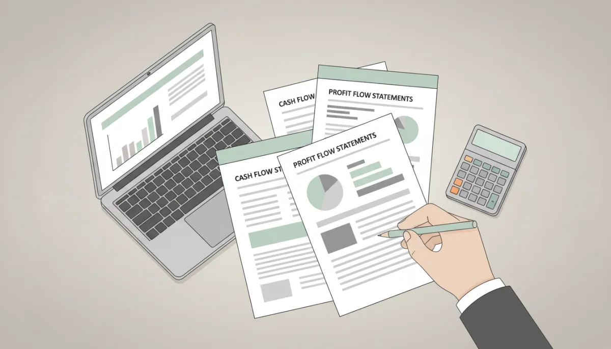 Cash flow and profit reports being reviewed alongside a calculator and laptop