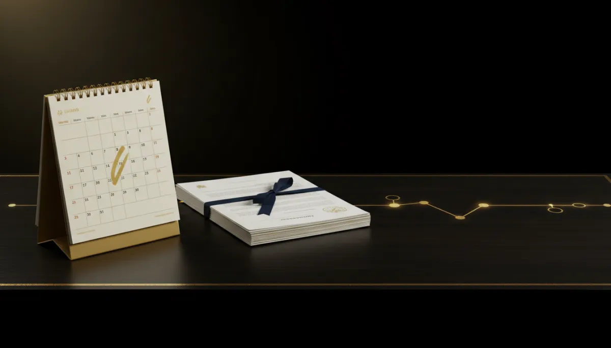 editorial premium horizontal scene with an elegant dark desk, a refined calendar in cream and gold, Spanish documents neatly stacked, and a subtle linear timeline graphic in gold emphasizing key dates, all in black, dark blue, gold and cream tones with sophisticated lighting