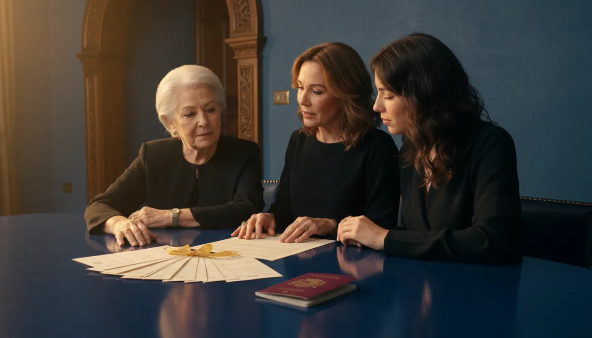 editorial premium scene showing three generations of a Spanish family around a dark blue table, with a Spanish passport and neatly arranged cream documents in the foreground, warm golden light suggesting continuity of heritage, all in black, dark blue, gold and cream tones