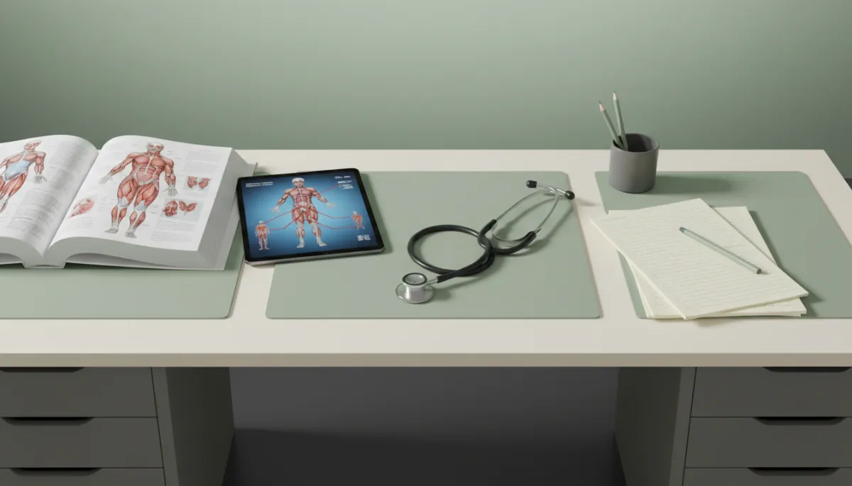 Modern clean study setup with anatomy textbook and tablet diagrams