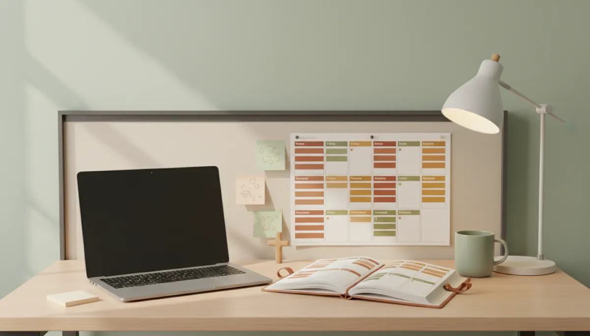 Modern clean college desk with laptop, planner, and cross decor