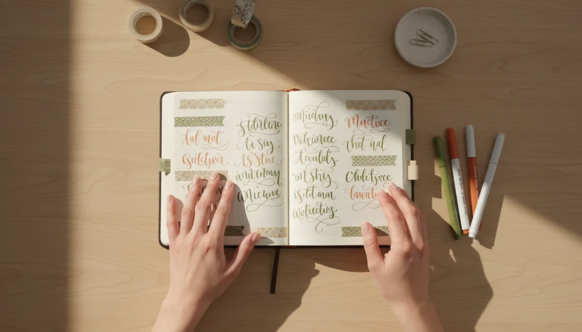 Modern clean overhead view of Bible journaling with markers and washi tape