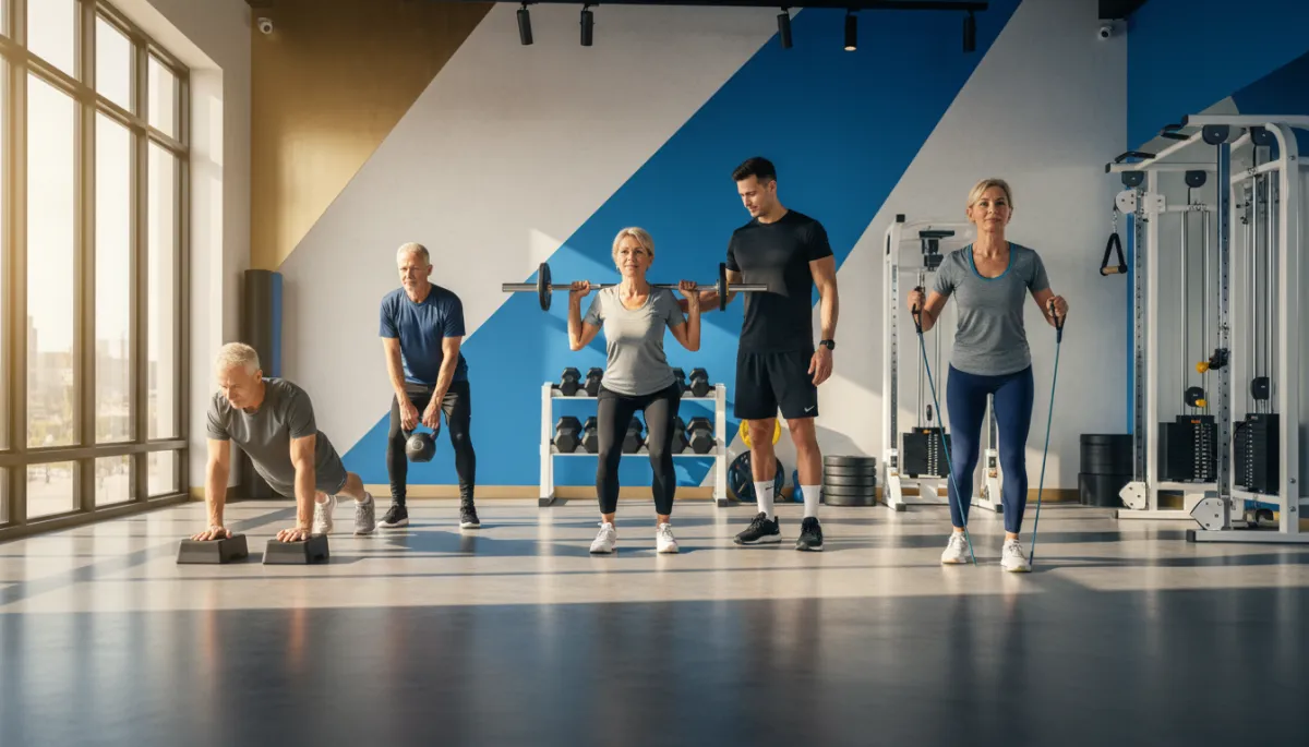photorealistic scene of four adults in their 50s and early 60s performing strength exercises together in a clean modern boutique gym, attentive coach watching form, subtle electric blue #38B6FF and gold #FFCE25 accents on walls and equipment, warm natural light, relaxed focused expressions