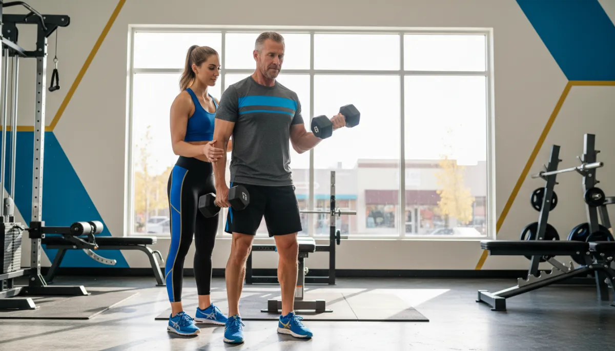 photorealistic confident adult professional in their fifties wearing modern workout gear, lifting weights with a personal trainer in a clean bright Parker Colorado gym, large windows with natural light, subtle views of Mainstreet Parker outside, electric blue #38B6FF and gold #FFCE25 accents on equipment and wall graphics