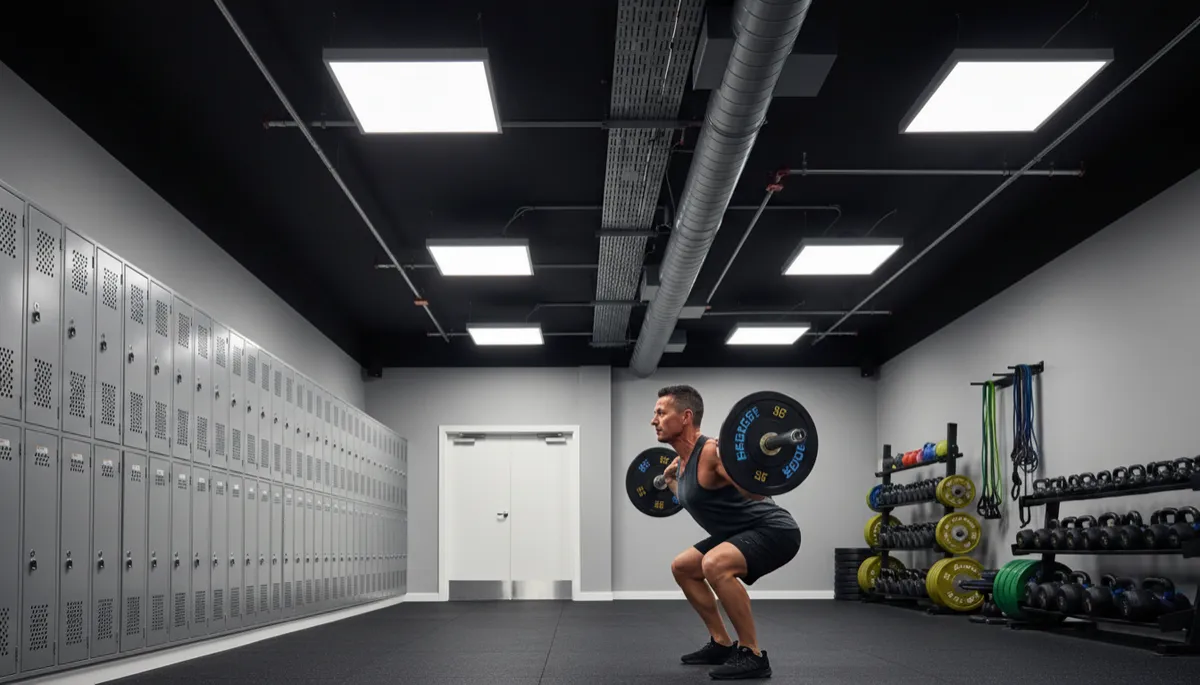 Photorealistic boutique strength training gym interior with black painted ceiling and exposed industrial piping and ductwork, large rectangular diffused white LED panel lights flush to the ceiling, muted light gray matte walls, left wall lined with metallic gray vented gym lockers with padlock holes, right side with black metal racks holding kettlebells, neatly stacked weight plates, and green and blue resistance bands, far background showing white double doors, dark rubberized textured gym flooring; in the foreground a focused adult aged about 48 wearing dark gray tank top and black shorts with black athletic shoes performing a proper barbell back squat, bar loaded with plates that have subtle Electric Blue #38B6FF and Energy Gold #FFCE25 accent rings, lighting bright and even, professional photorealistic style, boutique strength gym aesthetic, not big box