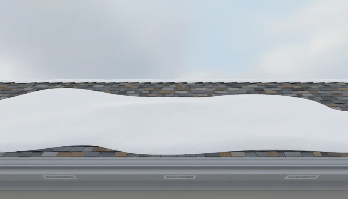 Well-ventilated winter roof edge with snow but no icicles or ice buildup