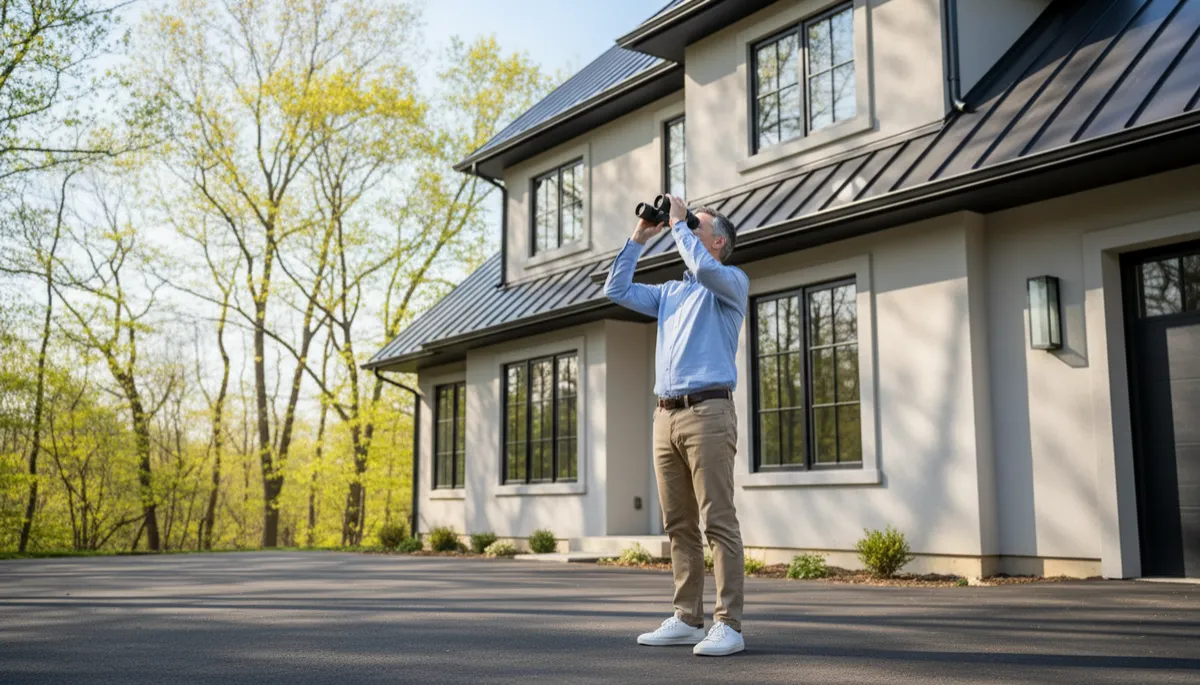 Homeowner inspecting their roof from the ground with binoculars Homeowner inspecting their roof from the ground with binoculars