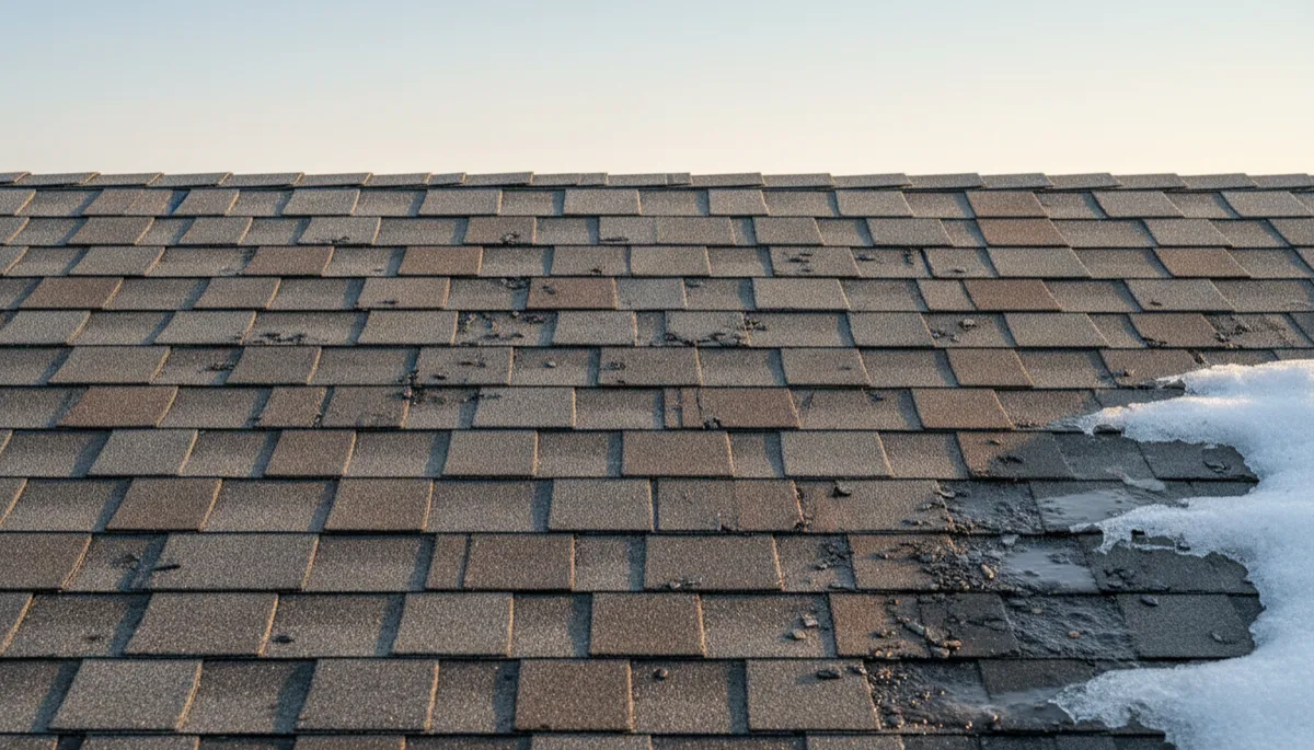 Close-up of winter-worn shingles with curling edges and lost granules Close-up of winter-worn shingles with curling edges and lost granules