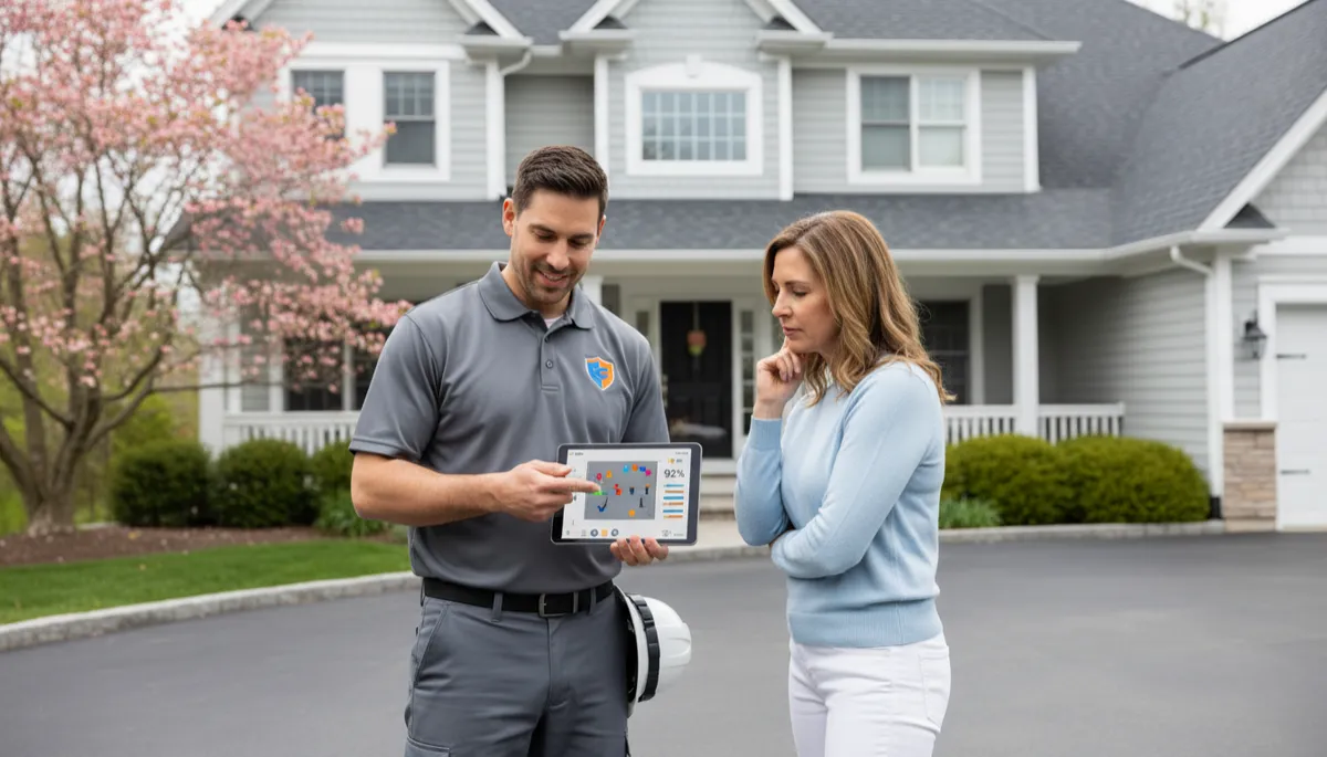 Roofing technician reviewing a digital roof inspection report with a homeowner Roofing technician reviewing a digital roof inspection report with a homeowner
