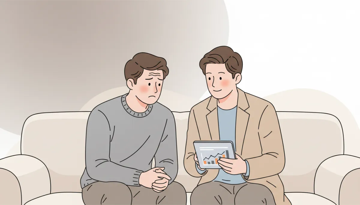 professional photorealistic close-up of a worried homeowner on a sofa talking with a calm financial advisor, neutral colors, subtle black and orange accents on a tablet screen showing mortgage options professional photorealistic close-up of a worried homeowner on a sofa talking with a calm financial advisor, neutral colors, subtle black and orange accents on a tablet screen showing mortgage options
