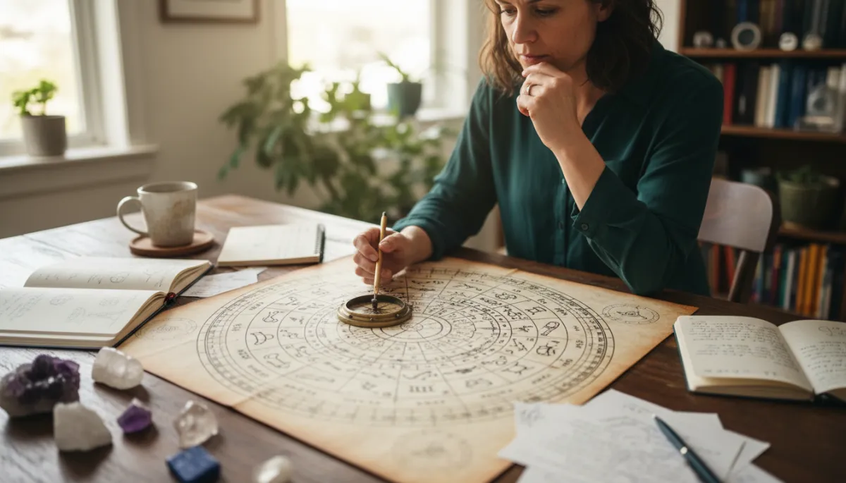 imagen ctipo foto con persona revisando una carta astral. Context: This is for a blog post about "¿Qué revela tu carta astral? Mucho más de lo que imaginas". Style: Professional quality, photorealistic, high resolution imagen ctipo foto con persona revisando una carta astral. Context: This is for a blog post about "¿Qué revela tu carta astral? Mucho más de lo que imaginas". Style: Professional quality, photorealistic, high resolution