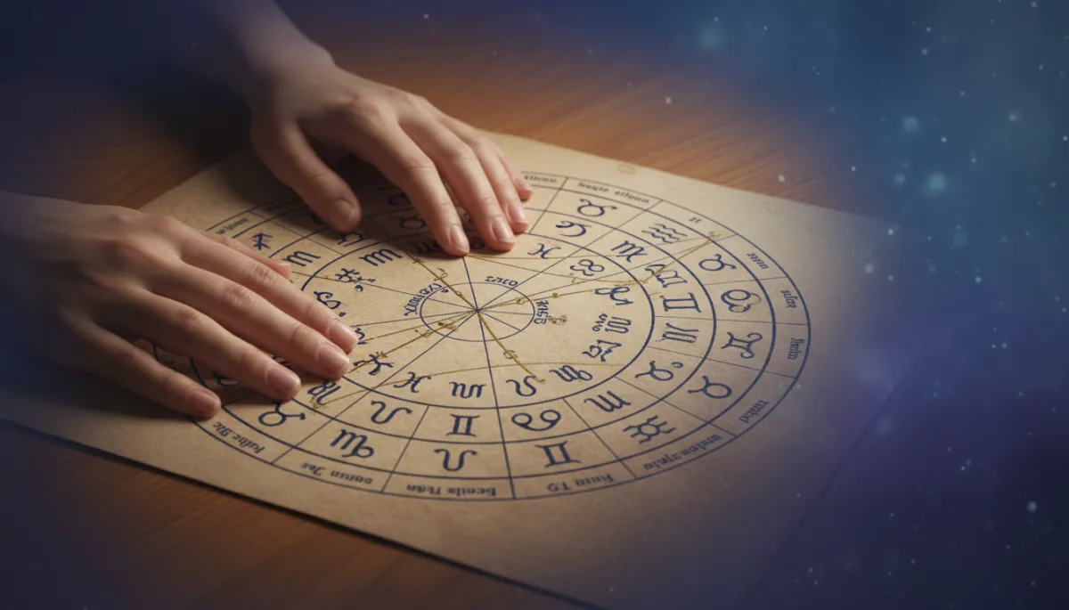 A hyperrealistic image showing a pair of hands gently touching and tracing the intricate details of a printed astrological birth chart. The hands, well-groomed and natural, rest on a table with soft ambient lighting, highlighting the complex circular patterns, zodiac signs, and planetary positions on the chart. The background is subtle and uncluttered, focusing attention on the interaction between the hands and the chart. The overall mood is mysterious and thoughtful, perfectly reflecting the depth and revelations of a personalized astrological reading, suitable for a professional blog about the secrets your birth chart can reveal. A hyperrealistic image showing a pair of hands gently touching and tracing the intricate details of a printed astrological birth chart. The hands, well-groomed and natural, rest on a table with soft ambient lighting, highlighting the complex circular patterns, zodiac signs, and planetary positions on the chart. The background is subtle and uncluttered, focusing attention on the interaction between the hands and the chart. The overall mood is mysterious and thoughtful, perfectly reflecting the depth and revelations of a personalized astrological reading, suitable for a professional blog about the secrets your birth chart can reveal.