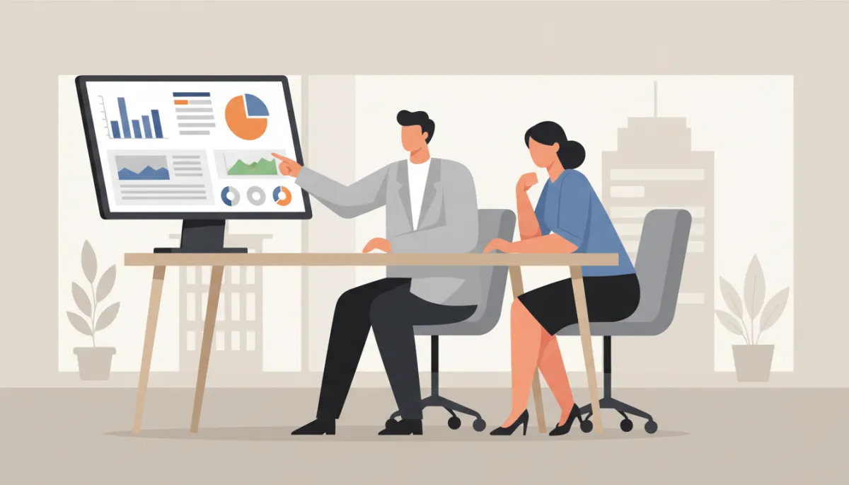 Consultant reviewing a structured dashboard with a client