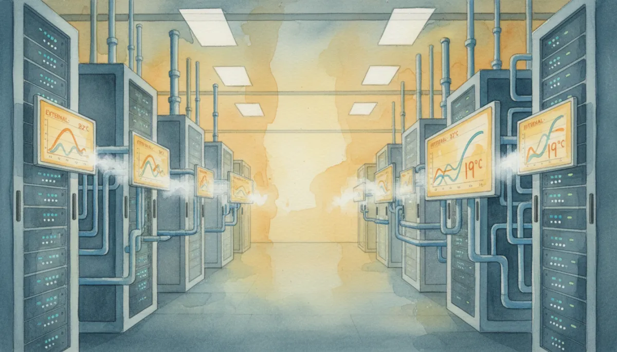 Server room with robust cooling and temperature monitoring during a heatwave Server room with robust cooling and temperature monitoring during a heatwave